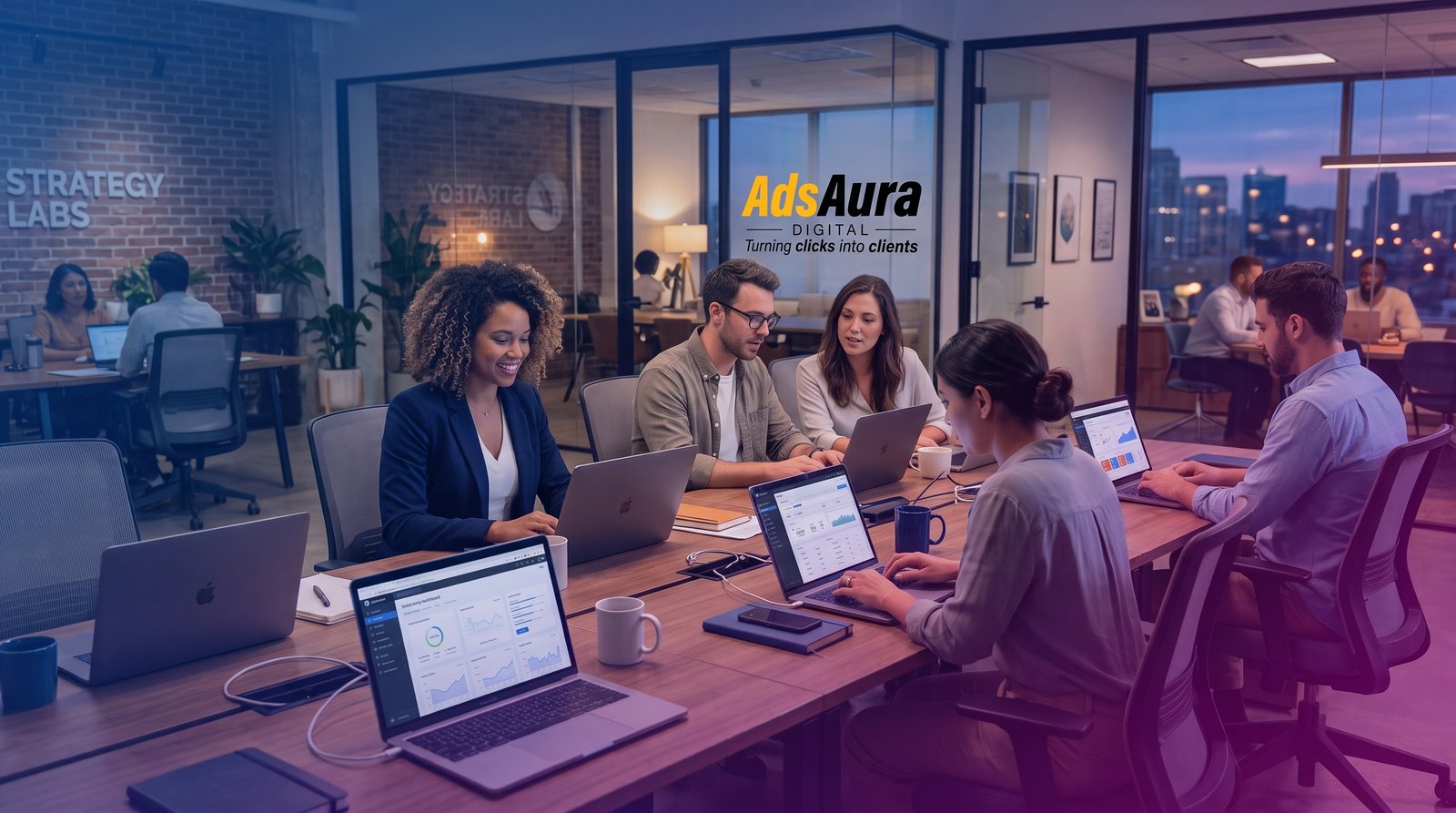 AdsAura team collaborating around laptops in their office